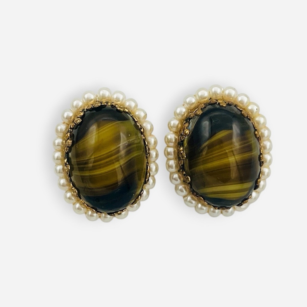 Vintage West Germany Porphyry Glass Pearl‎ Earrings Clip On Tiger Eye
